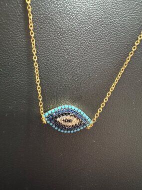 Evil Eye Pendant Necklace With Gold-Tone Chain Blue & White Rhinestones Adjustab